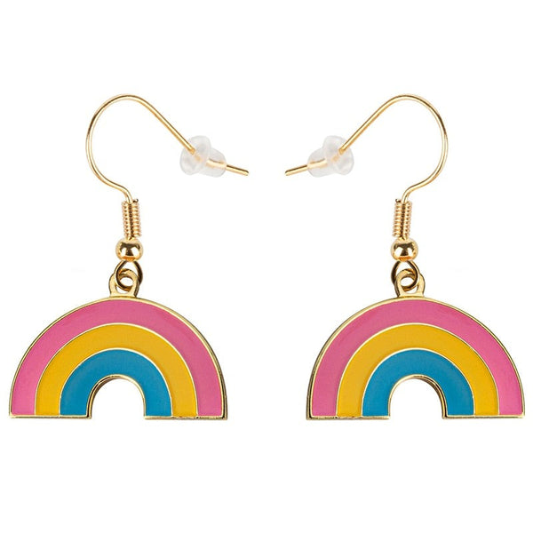 Pair of gold-tone rainbow drop earrings with pink, yellow, and blue enamel arcs
