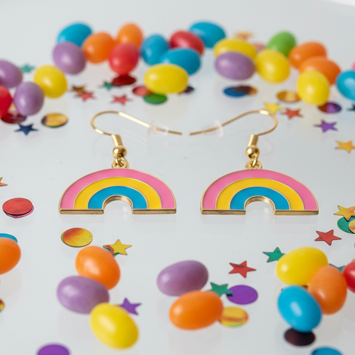 Pair of pink, yellow, and blue rainbow arch earrings on a confetti-covered surface