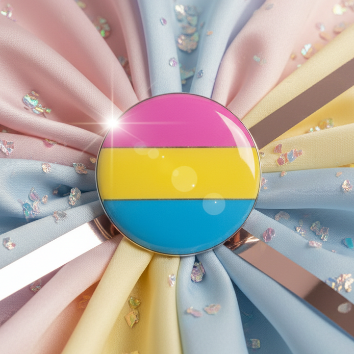 Pansexual Pride badge with pink, yellow, and blue horizontal stripes on a pastel ribbon background