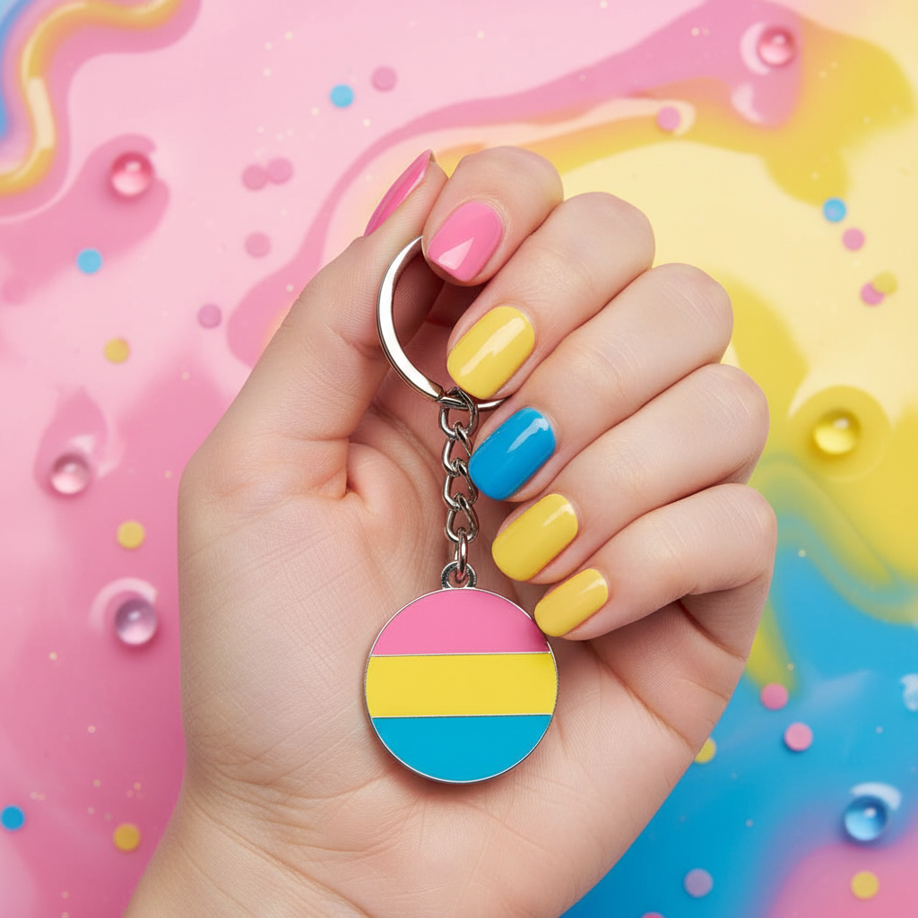 Hand holding a round pansexual pride keychain with pink, yellow, and blue stripes