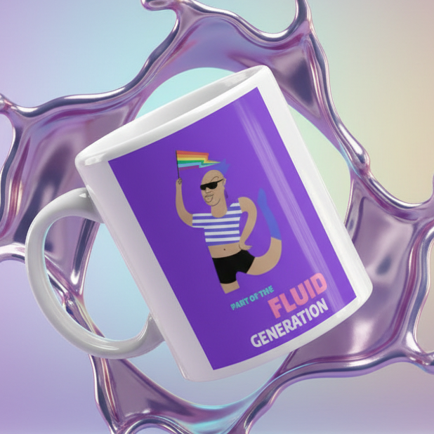 White mug tilted over a purple splash, showing a striped figure with a rainbow flag and “FLUID GENERATION” text