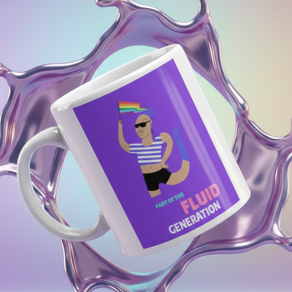 White mug tilted over a purple splash, showing a striped figure with a rainbow flag and “FLUID GENERATION” text
