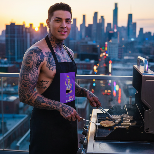 Tattooed person wearing a black graphic apron while grilling on a rooftop at sunset
