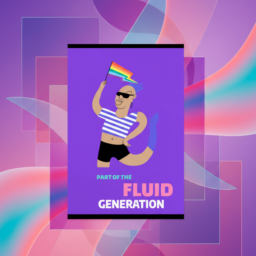 Purple postcard showing a striped-top person waving a rainbow flag, reading “PART OF THE FLUID GENERATION”