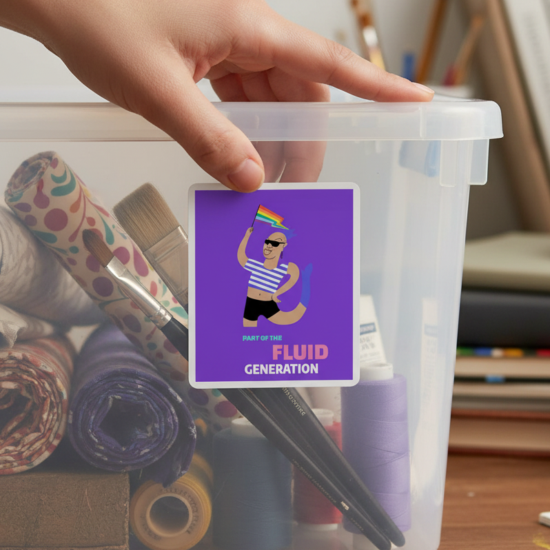 Sticker pack: a clear box labeled "Part Of The Fluid Generation Bubble-Free Stickers" with art gear and a rainbow