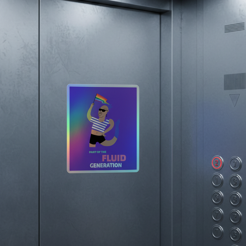 Poster for “PART OF THE FLUID GENERATION Holographic Stickers” in a metallic elevator, featuring a rainbow flag and decals.