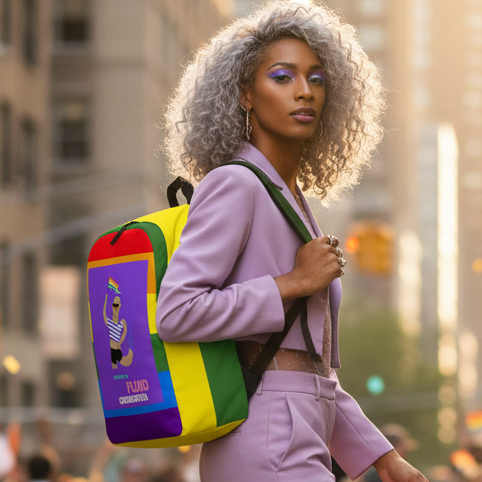 Part Of The Fluid Generation Minimalist Backpack with cartoon and text, carried by a person in lilac suit on city street