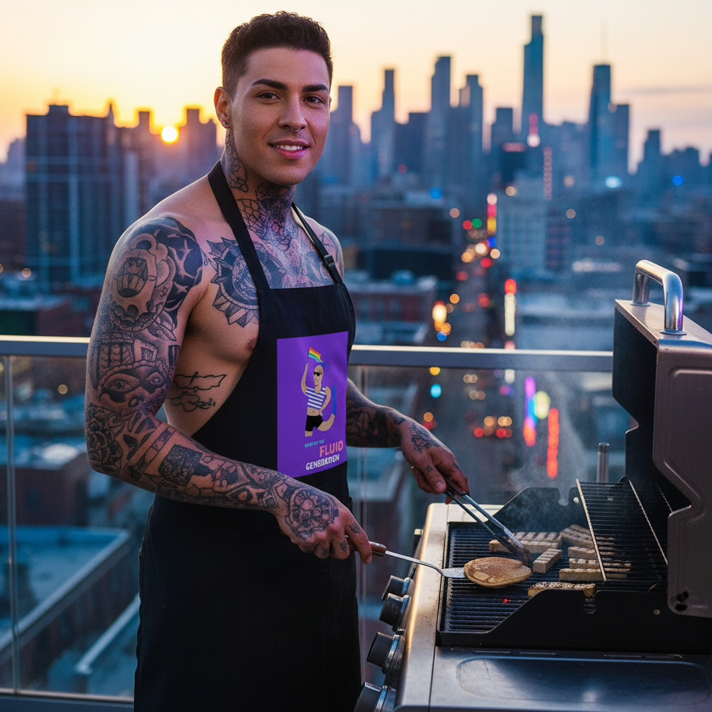 Tattooed person wearing a black graphic apron while grilling on a rooftop at sunset