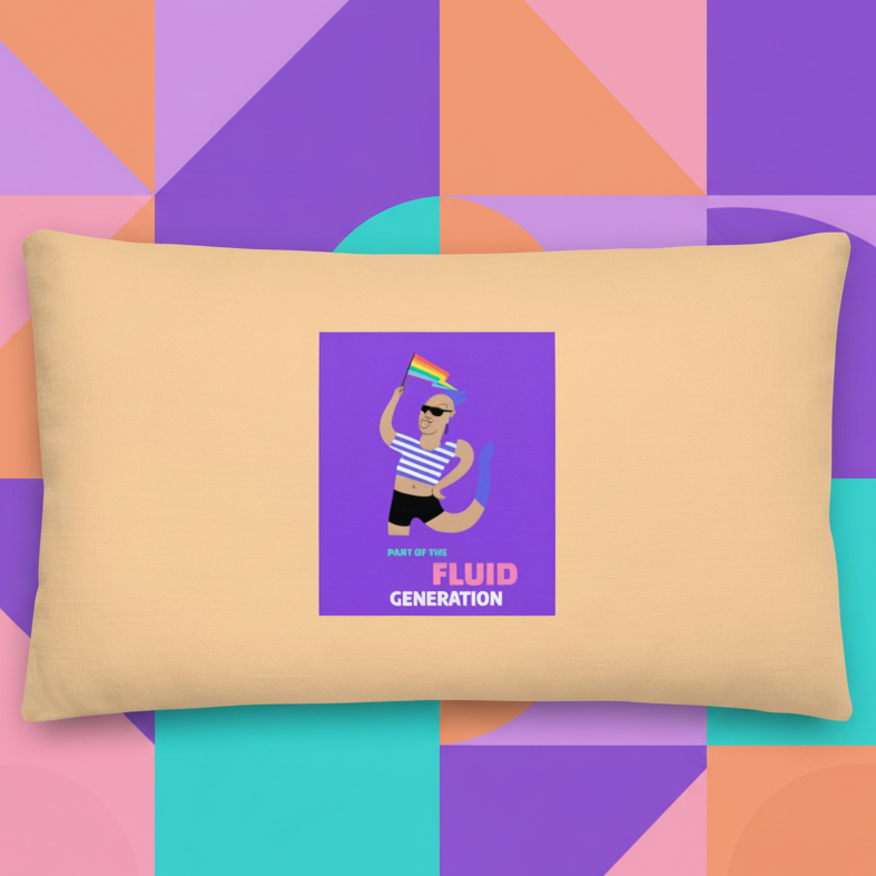 Beige pillow with “Part of the FLUID GENERATION.”, a smiling person in shades, striped shirt, shorts, rainbow flag