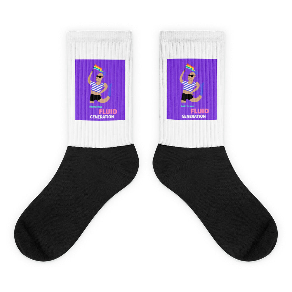 Pair of crew socks with black feet, white ribbed cuffs, and purple dancing-figure panels