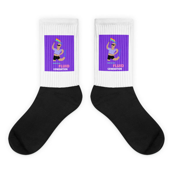 Pair of crew socks with black feet, white ribbed cuffs, and purple dancing-figure panels