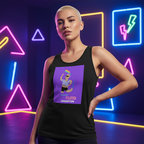 Unisex tank top reads “Part Of The Fluid Generation” with a rainbow flag; worn by a person, neon pink, blue