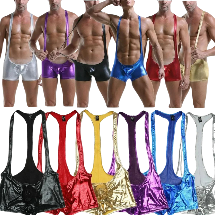 Six people model shiny metallic wrestling bodysuits above six matching bodysuits laid flat