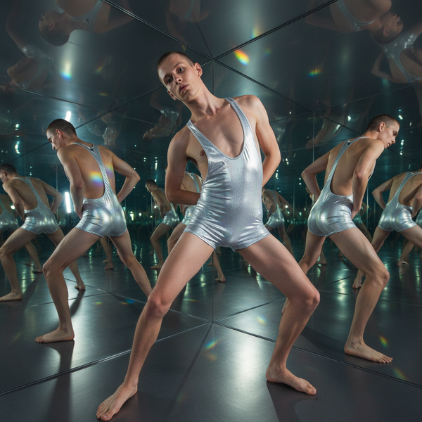 Front-facing model in a shiny silver wrestling-style bodysuit in a mirrored room