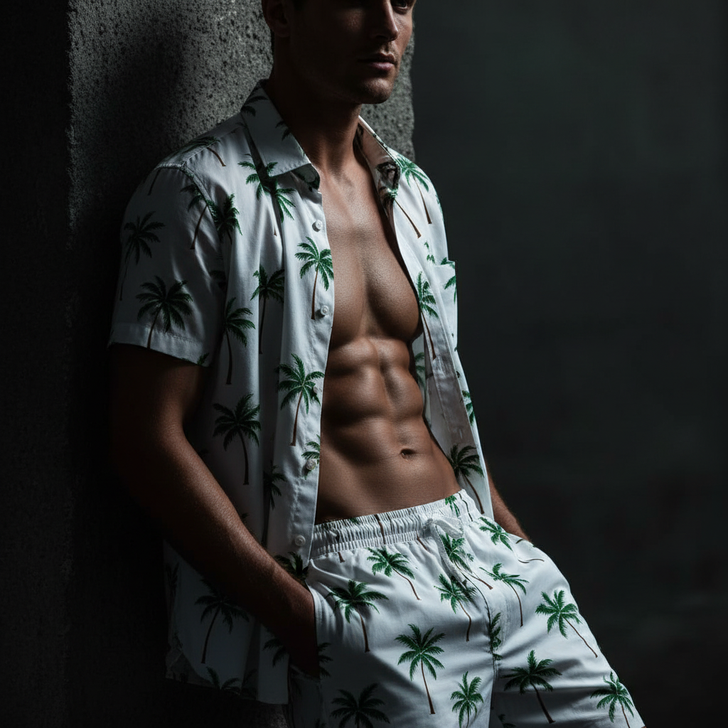 Model wearing an open white palm-tree shirt and matching elastic-waist shorts