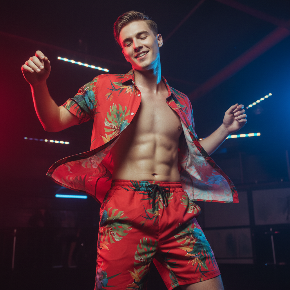 Red tropical-print shirt and matching shorts worn open by a dancing model