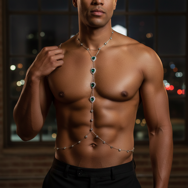 Muscular shirtless person wearing the Party Prism Green Rhinestone Harness indoors, city lights blurred