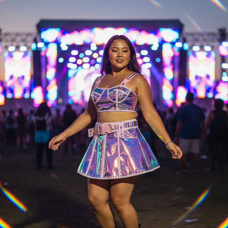 Front-facing model wearing a holographic crop top and flared mini skirt at a concert