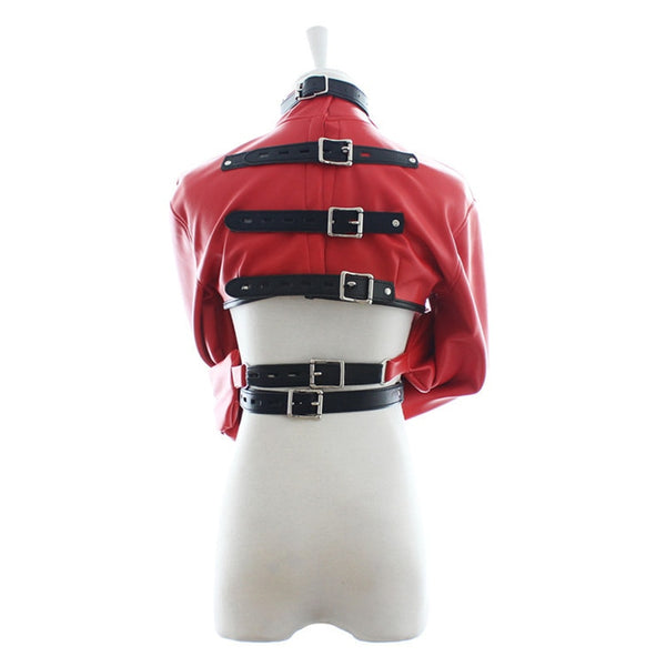 Back view of a red restraint jacket with black straps and buckles on a mannequin