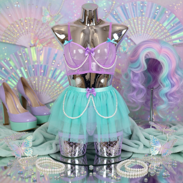 Pastel Kink Fairy Playtime Outfit: pastel purple bra, turquoise pearl tulle skirt, lavender platforms, blue-pink-purple wig