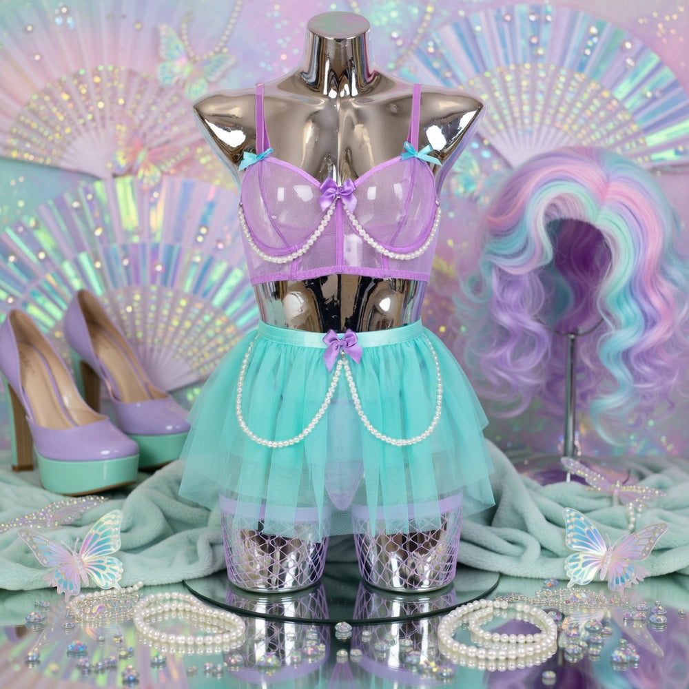 Pastel Kink Fairy Playtime Outfit: pastel purple bra, turquoise pearl tulle skirt, lavender platforms, blue-pink-purple wig