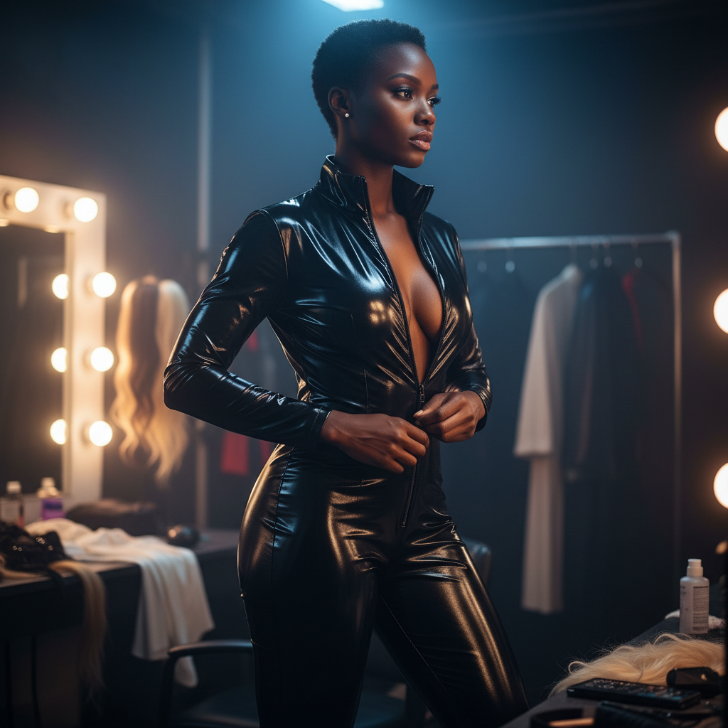 Model wearing a glossy black patent-look zip-front jumpsuit in a dressing room