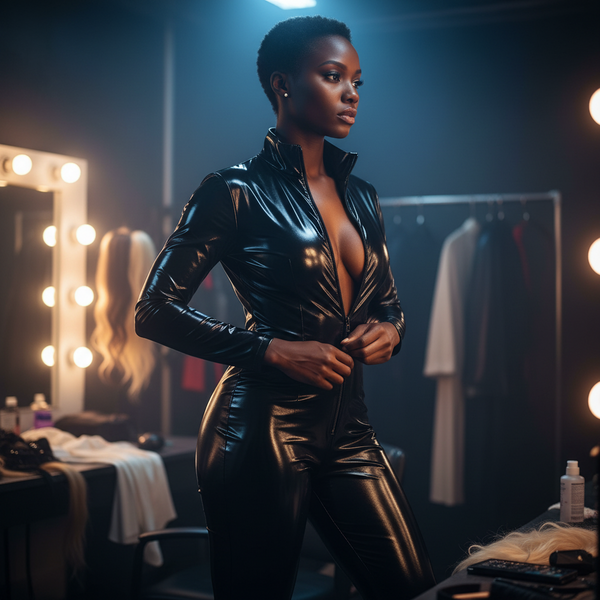 Model wearing a glossy black patent-look zip-front jumpsuit in a dressing room