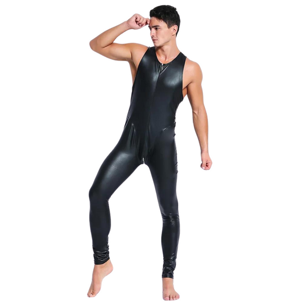 Front-view model in a shiny black sleeveless faux-leather jumpsuit with a front zipper