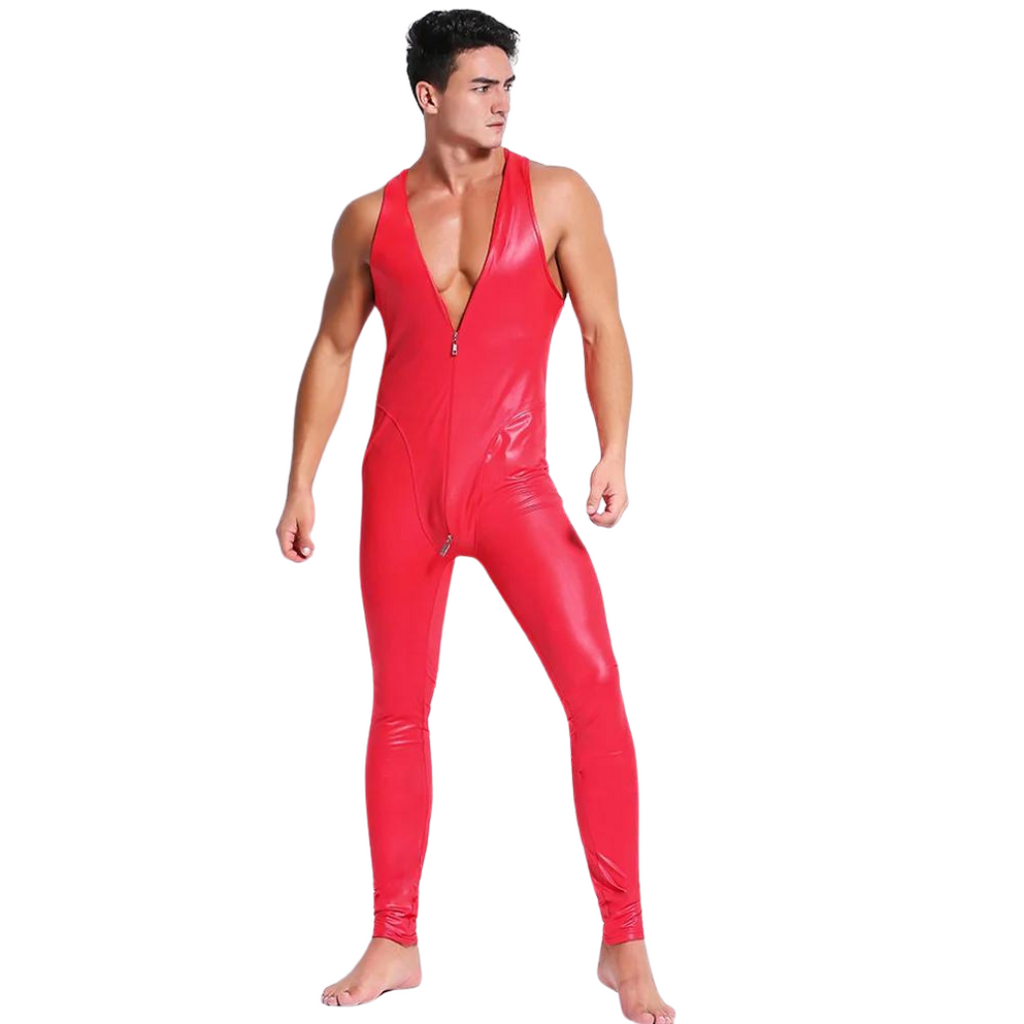 Person modeling a shiny red sleeveless zip-front jumpsuit with a deep V-neck