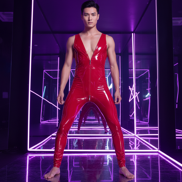 Patent Leather Showstopper Nightclub Jumpsuit in glossy, bright red with deep V neckline; in neon-lit