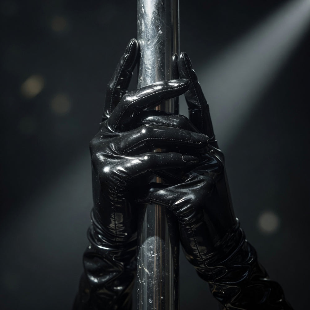 Close-up of glossy black patent gloves gripping a chrome pole