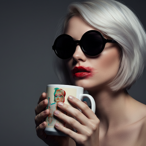 Absolutely Fabulous mug with a colorful Patsy Stone graphic, held by a femme with platinum pixie hair, round shades
