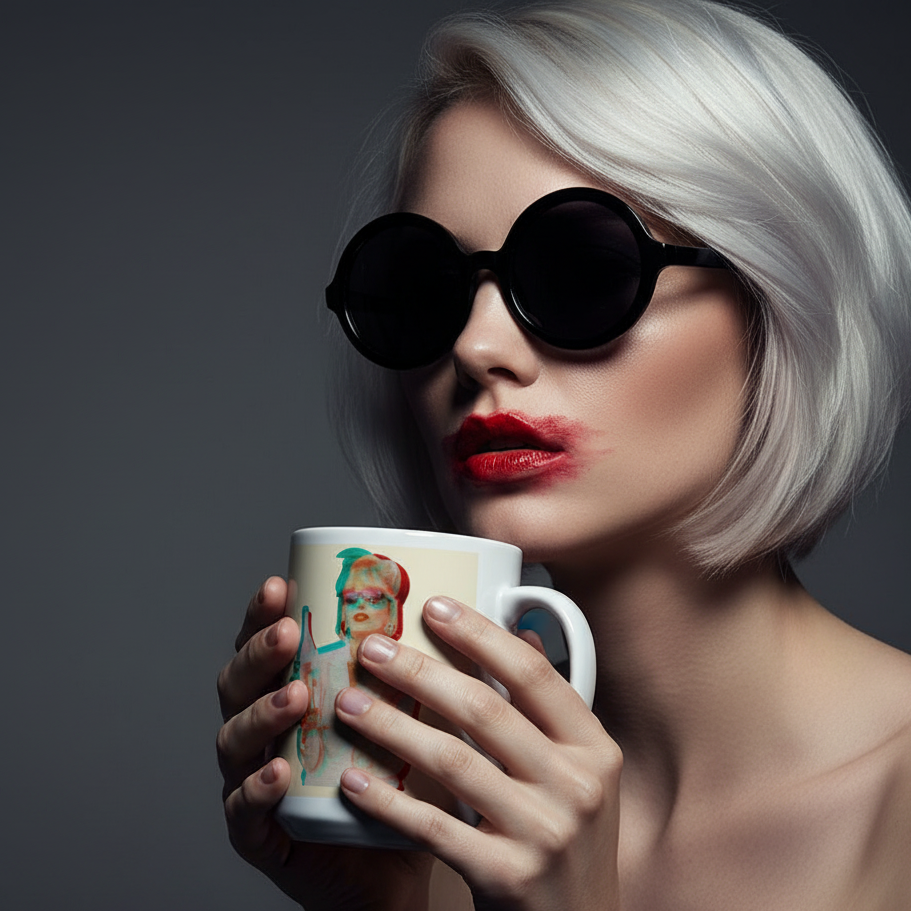 Absolutely Fabulous mug with a colorful Patsy Stone graphic, held by a femme with platinum pixie hair, round shades