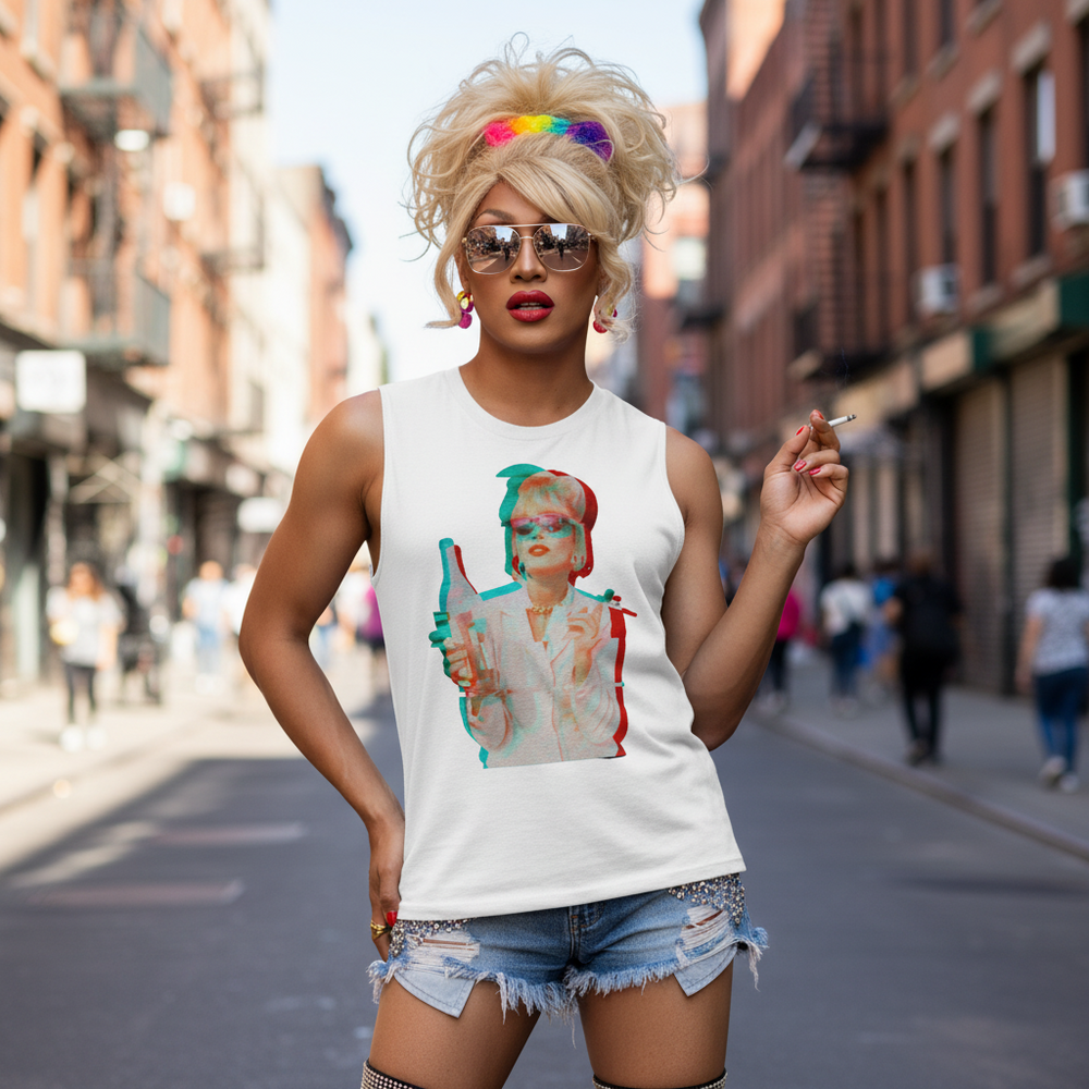 Patsy Stone Absolutely Fabulous Muscle Top with bold slogan, worn by a blond queer cutie in rainbow headband, shorts
