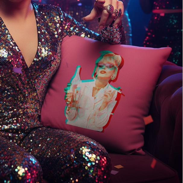 A person in a sequined jumpsuit sits on a sofa, holding a Patsy Stone Absolutely Fabulous Pillow with retro art