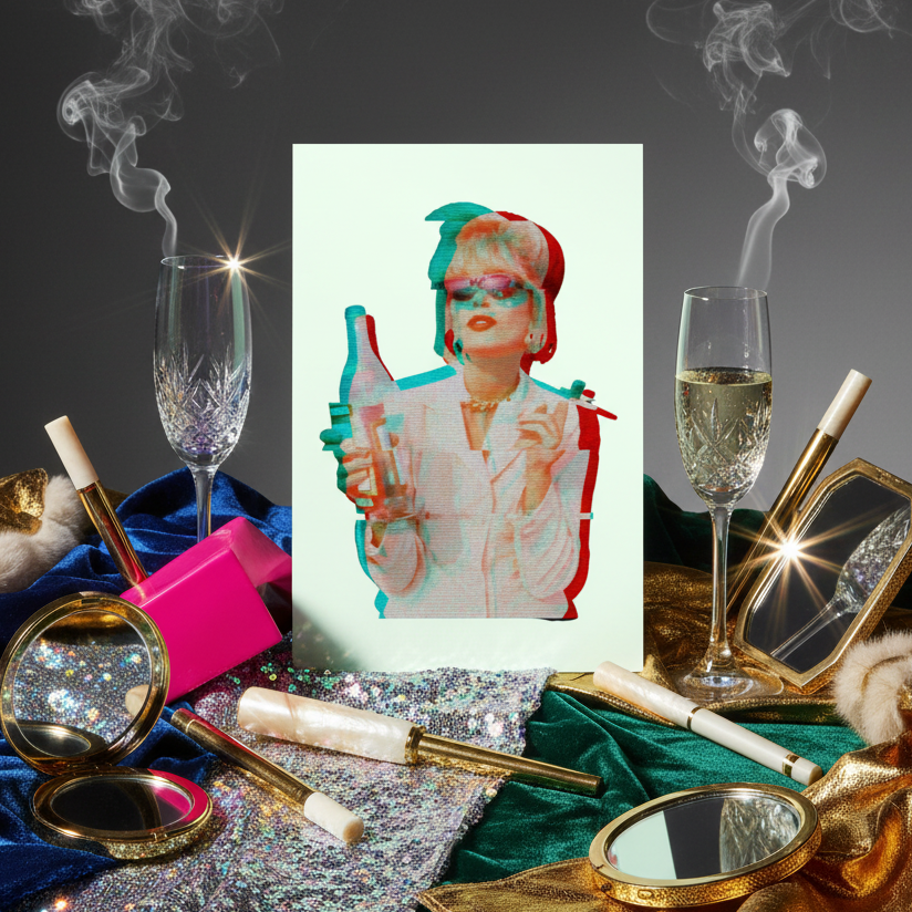 Absolutely Fabulous Patsy Stone postcard: camp retro vibe, femme figure with makeup, champagne, bottles, glitter fabric