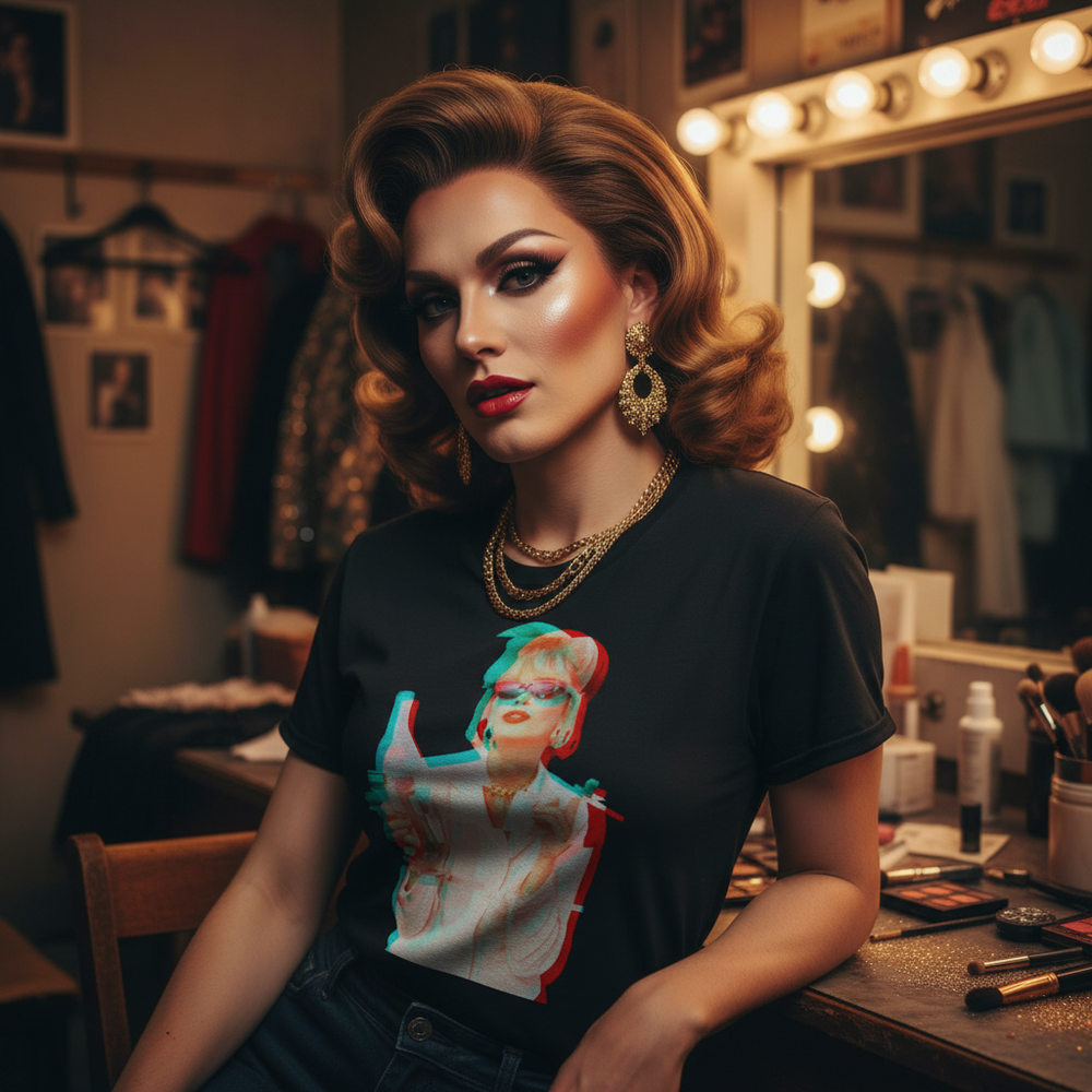 Absolutely Fabulous Patsy Stone T-shirt with a rainbow-bright print