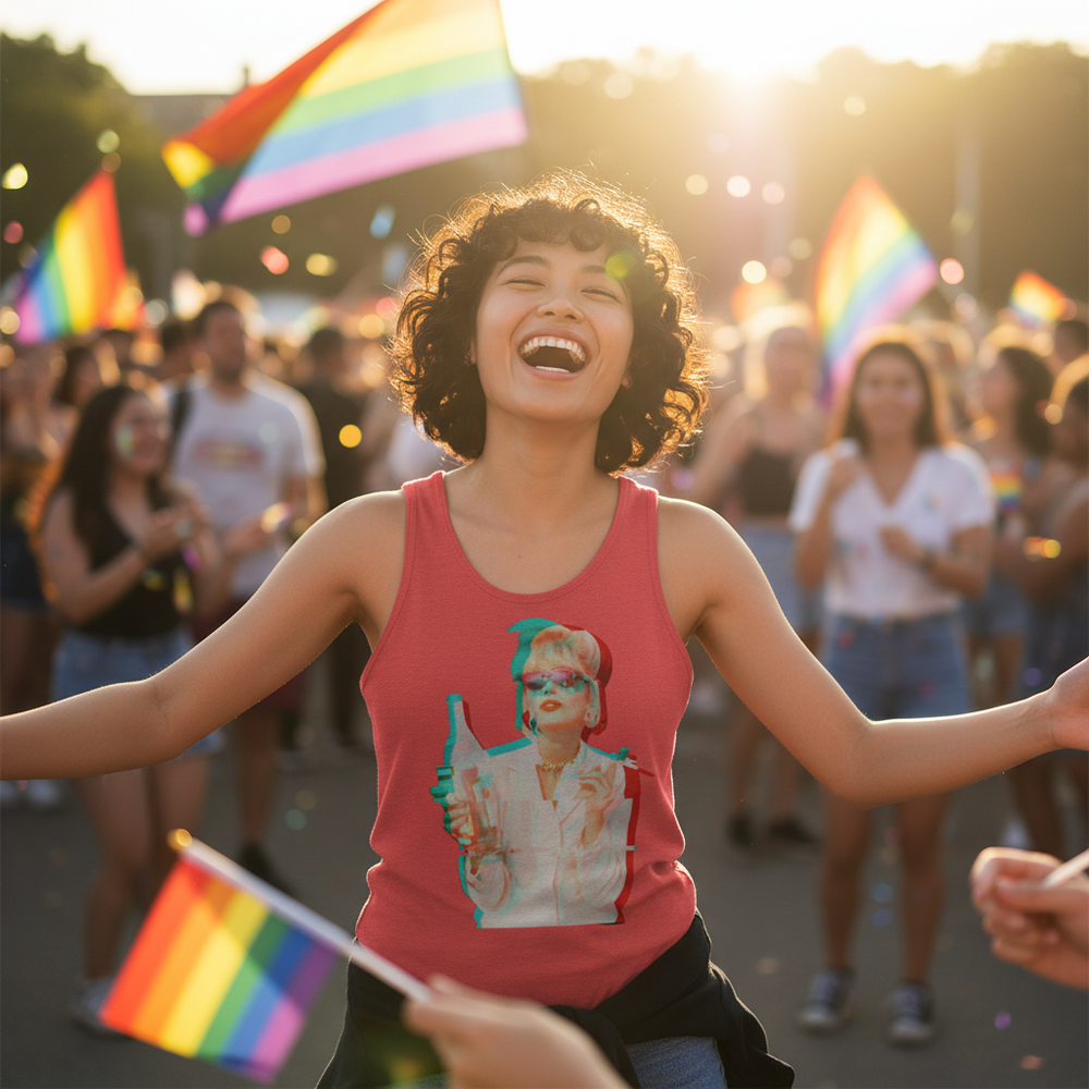 Unisex tank top with "Patsy Stone Absolutely Fabulous" worn by a smiling person at a vibrant Pride parade with rainbow flags
