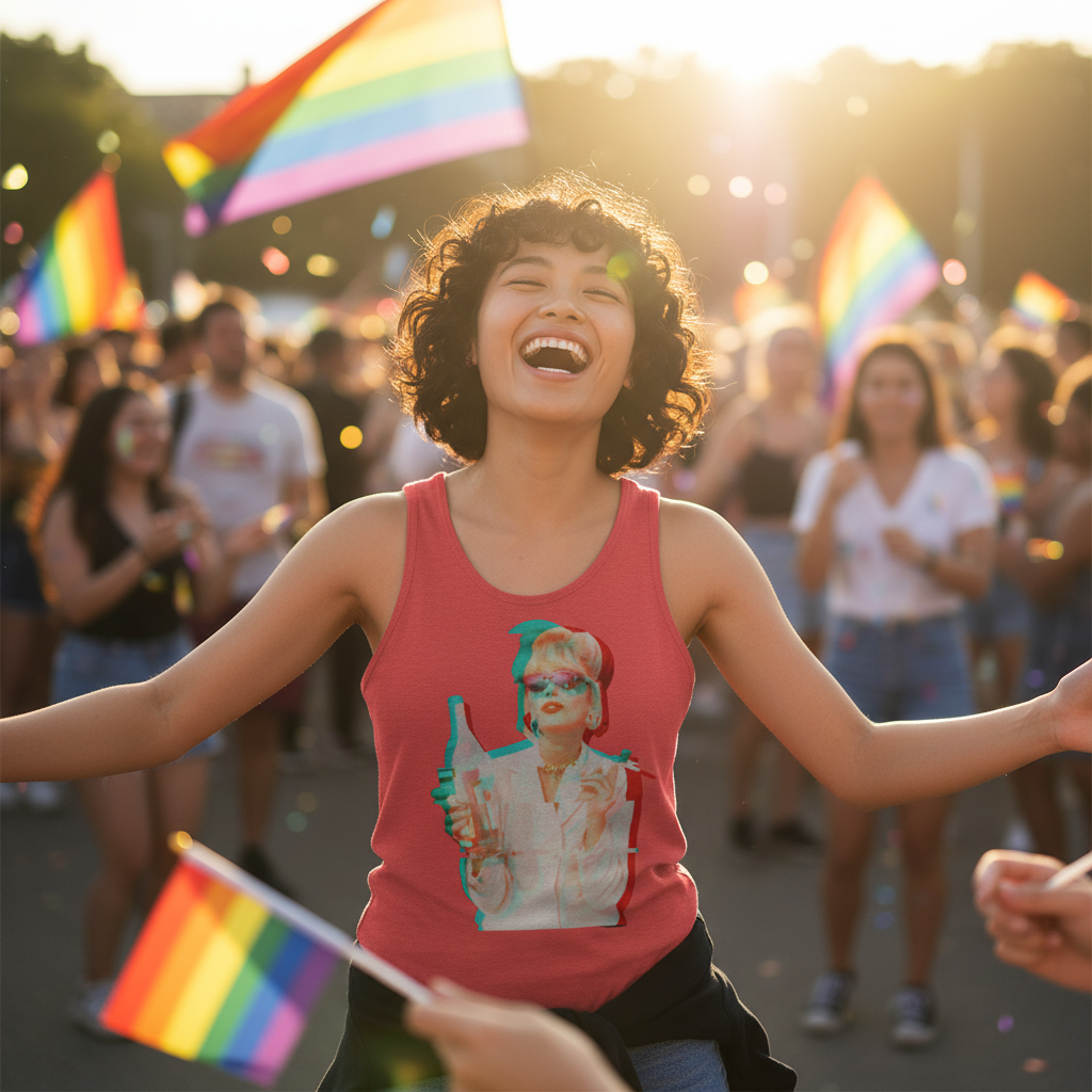 Unisex tank top with "Patsy Stone Absolutely Fabulous" worn by a smiling person at a vibrant Pride parade with rainbow flags