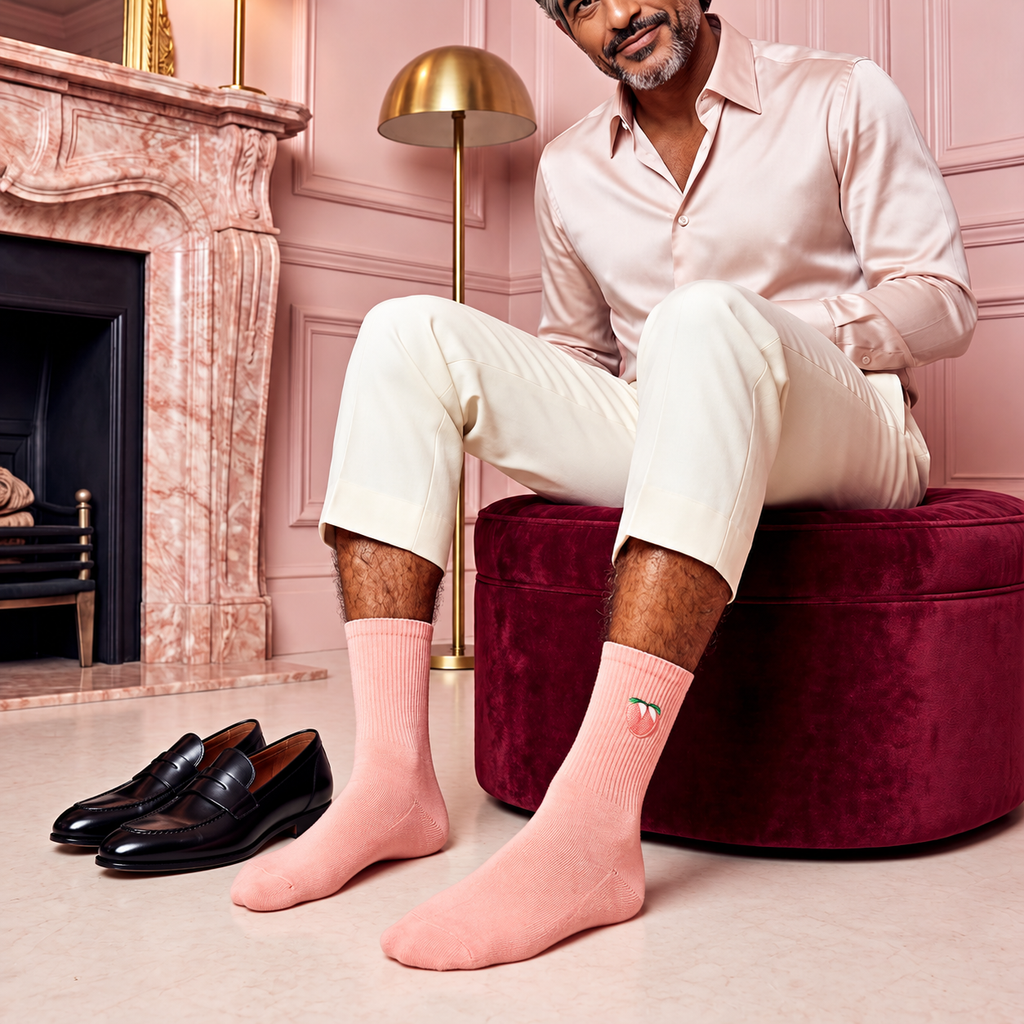 Peach Pink Cotton Socks in a corrected pink fashion editorial