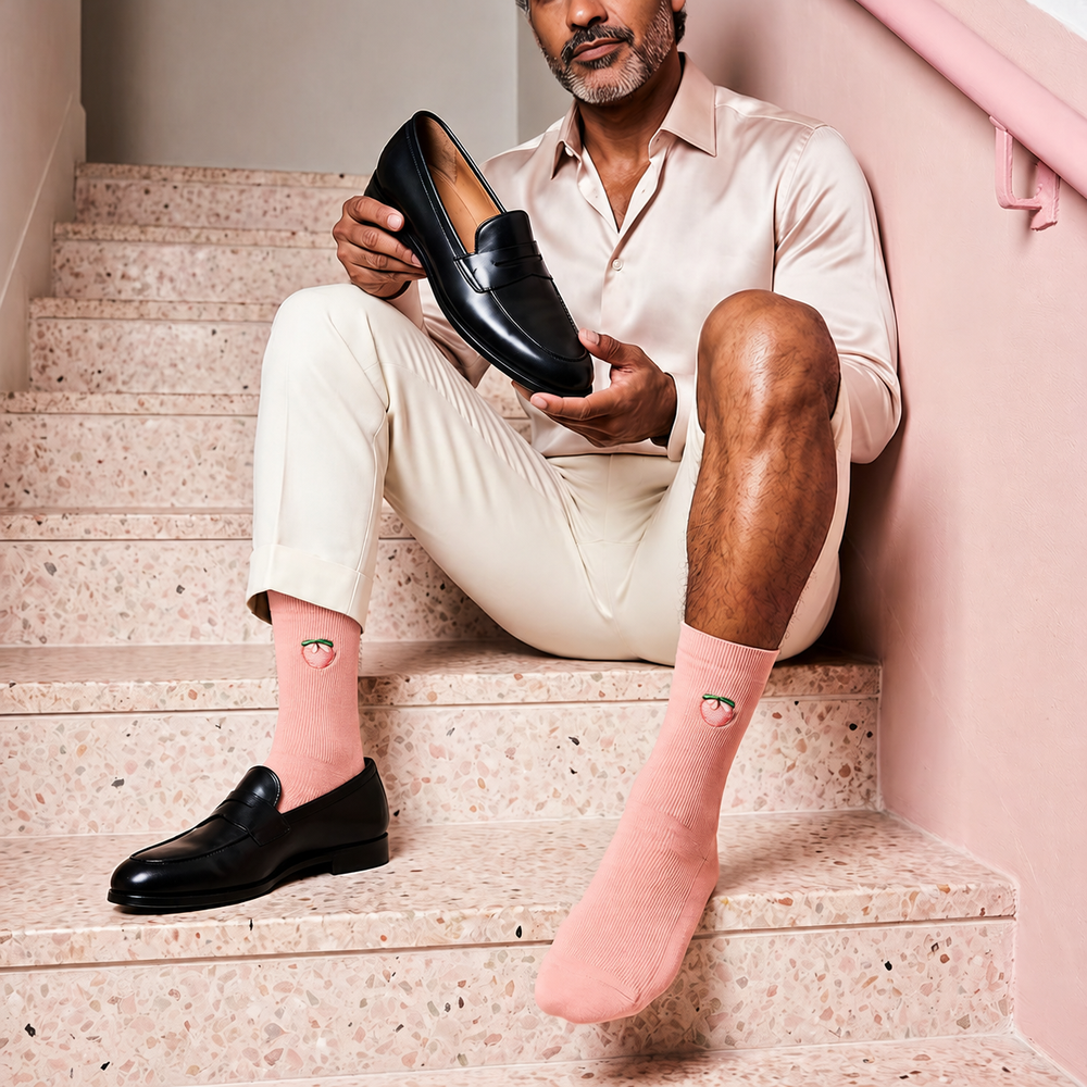 Peach Pink Cotton Socks — adult model wearing matching peach-pink embroidered socks on both feet on terrazzo stairs (AI-generated editorial).