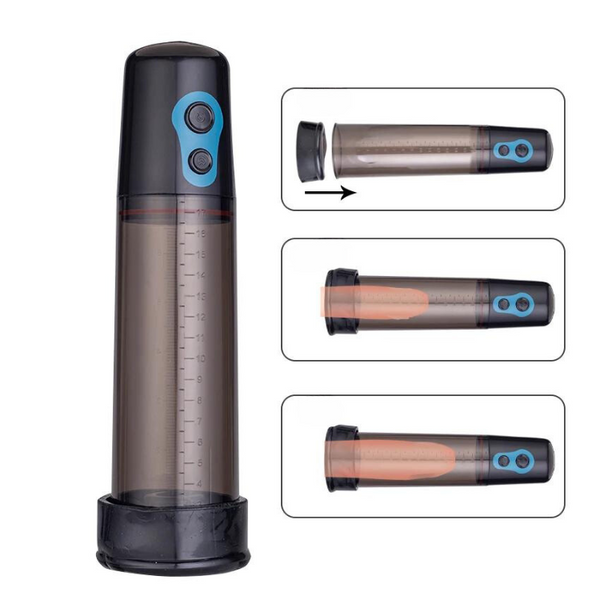 Black-and-clear penis vacuum pump with blue controls and illustrated usage panels