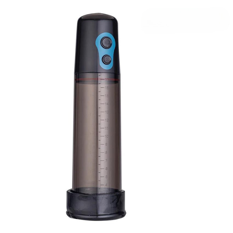 Black penis pump with a clear graduated cylinder and two blue control buttons