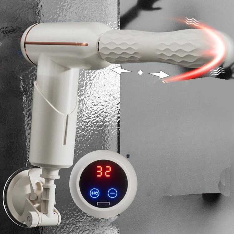 White thrusting sex machine with textured sleeve, speed display, and directional motion arrows