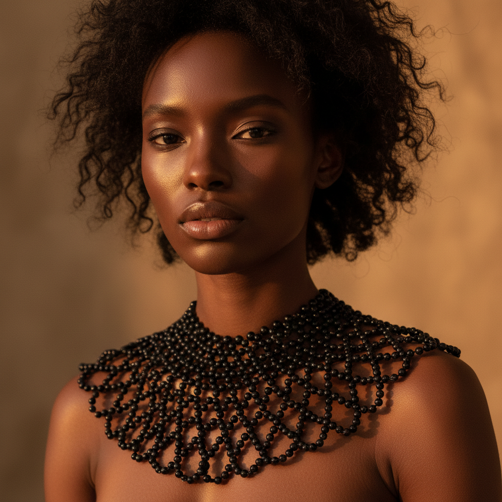 Model wearing a wide black beaded shoulder necklace with scalloped strands