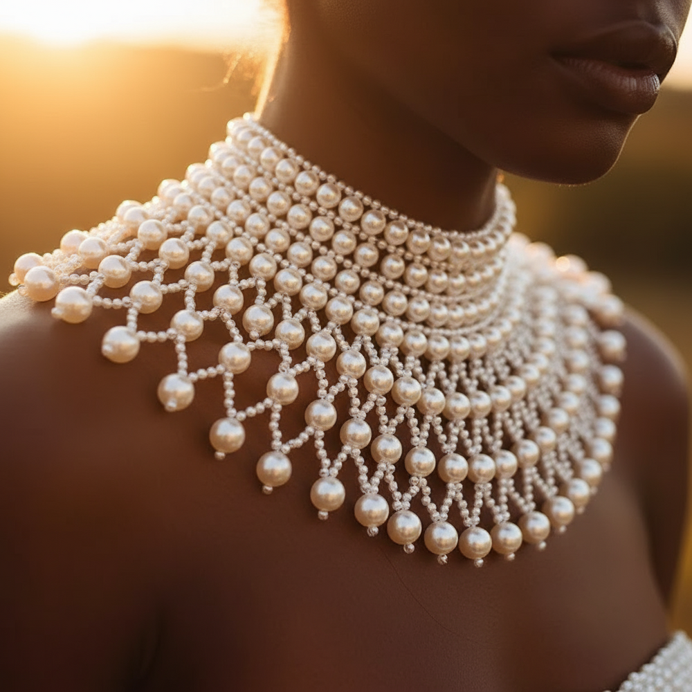 Close-up of a person wearing a layered pearl shoulder necklace with cascading strands
