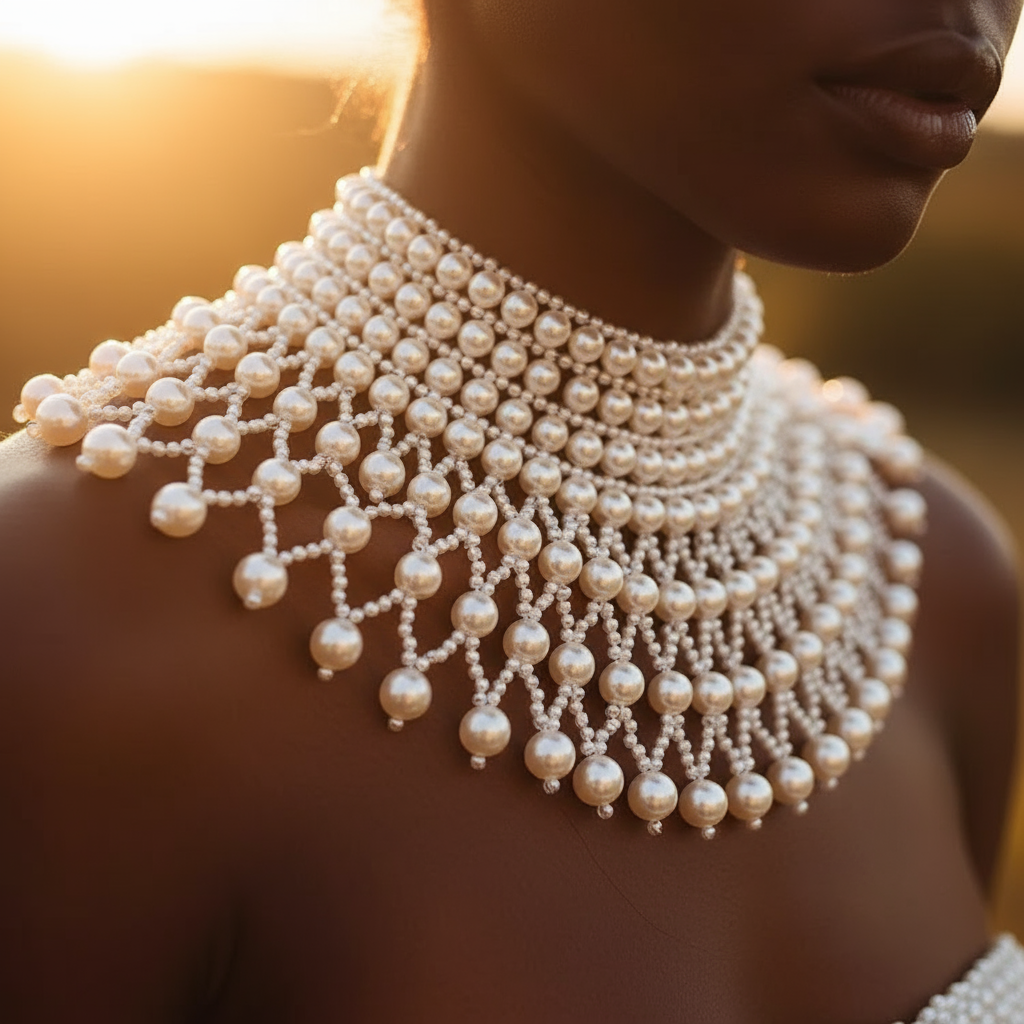 Close-up of a person wearing a layered pearl shoulder necklace with cascading strands