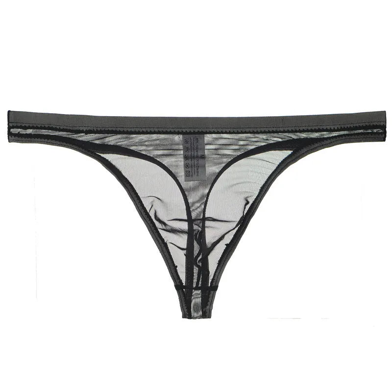 Front view of a black sheer mesh thong with narrow straps and a high-cut design