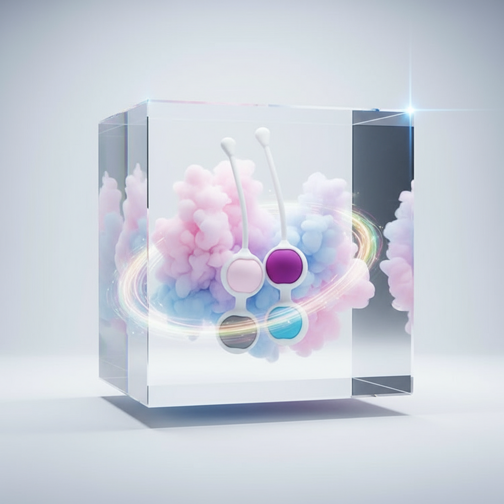 Two pastel Kegel balls with long stems displayed in a clear glass cube