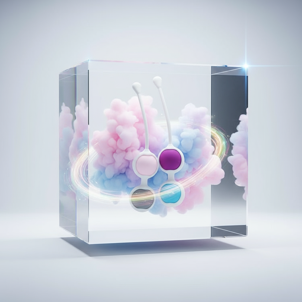 Two pastel Kegel balls with long stems displayed in a clear glass cube